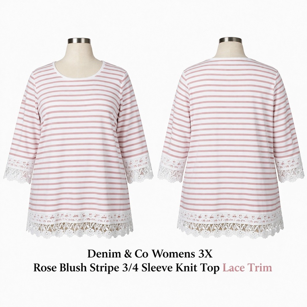 Denim & Co Womens‎ 3X Rose Blush Stripe 3/4 Sleeve Knit Top Lace Trim A288716